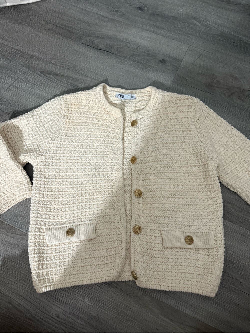 Zara Cream Waffle Knit Button Cardigan with Gold Buttons